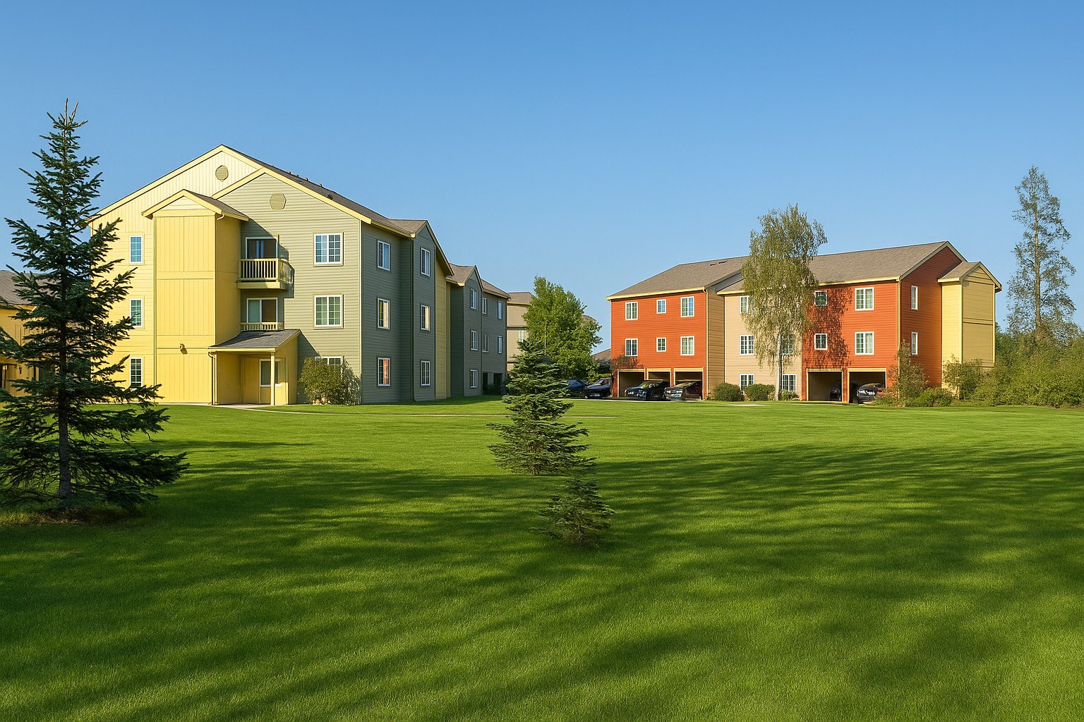 A grassy field with two buildings in the background.